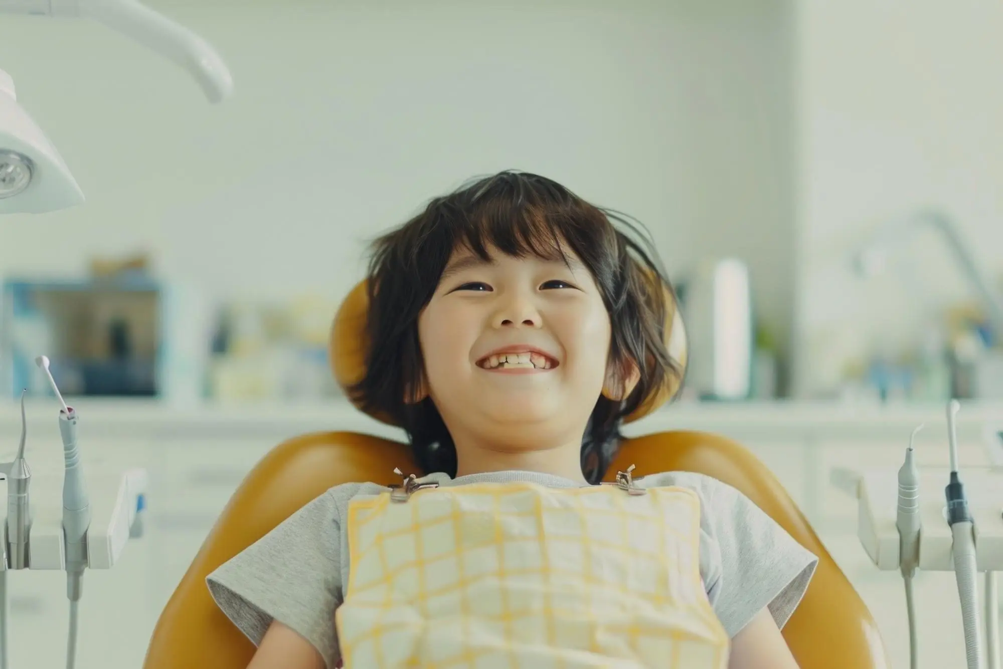 A smiling dark-haired child sits in a dentist's chair at Emerald City Orthodontics, a kids’ clinic in Kirkland, WA.