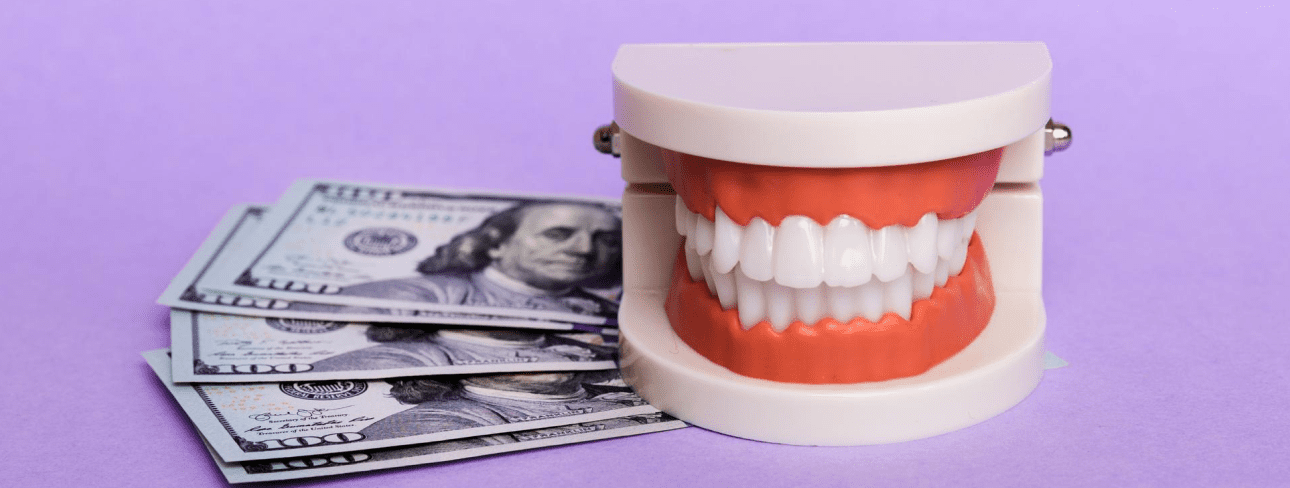 Clear braces at Emerald City Orthodontics in Kirkland WA, are shown cost-effective with a dental model on $100 bills, purple background.