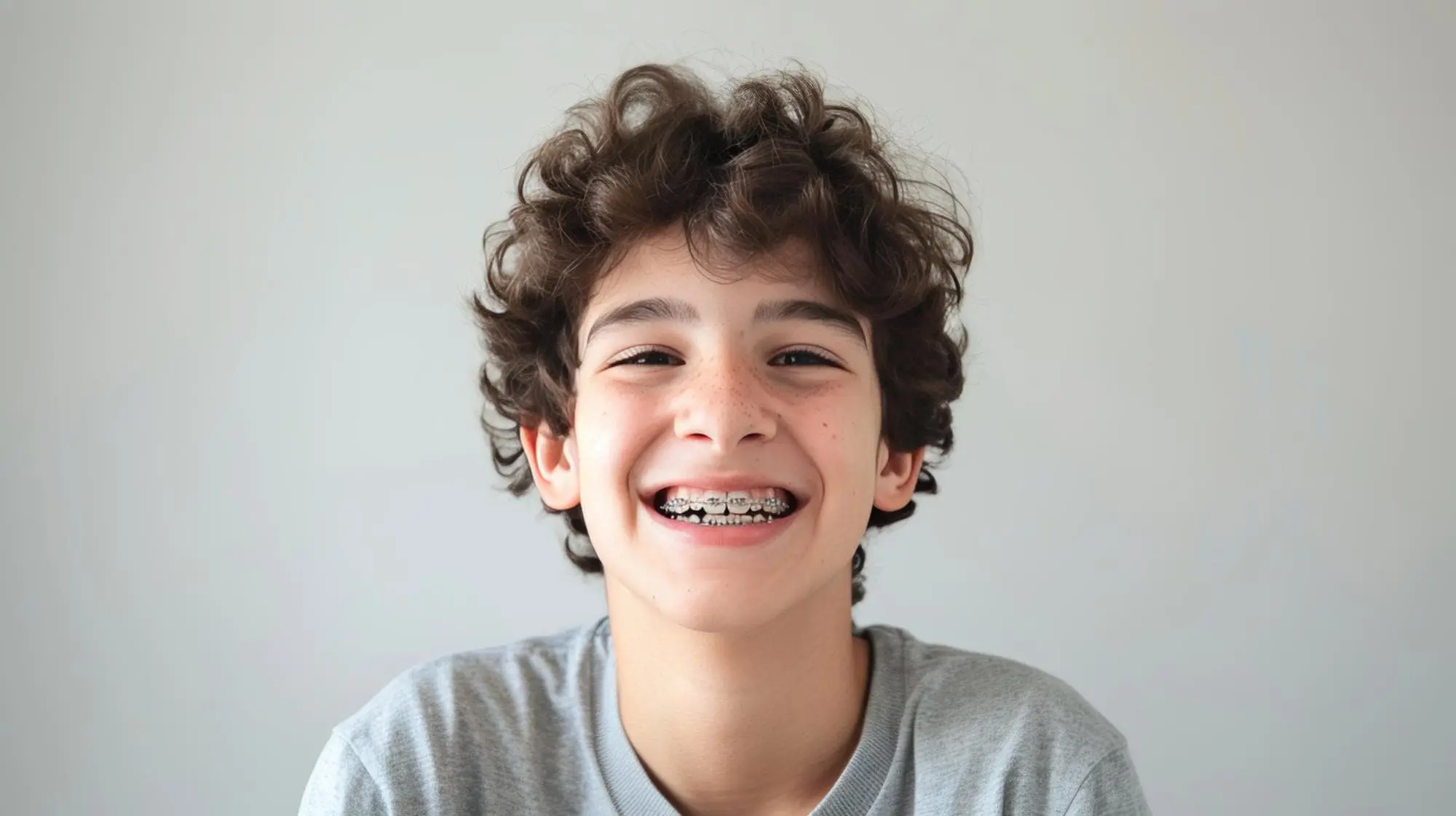 Smiling with metal braces, a curly-haired youth poses before a light background at Emerald City Orthodontics in Kirkland, WA.