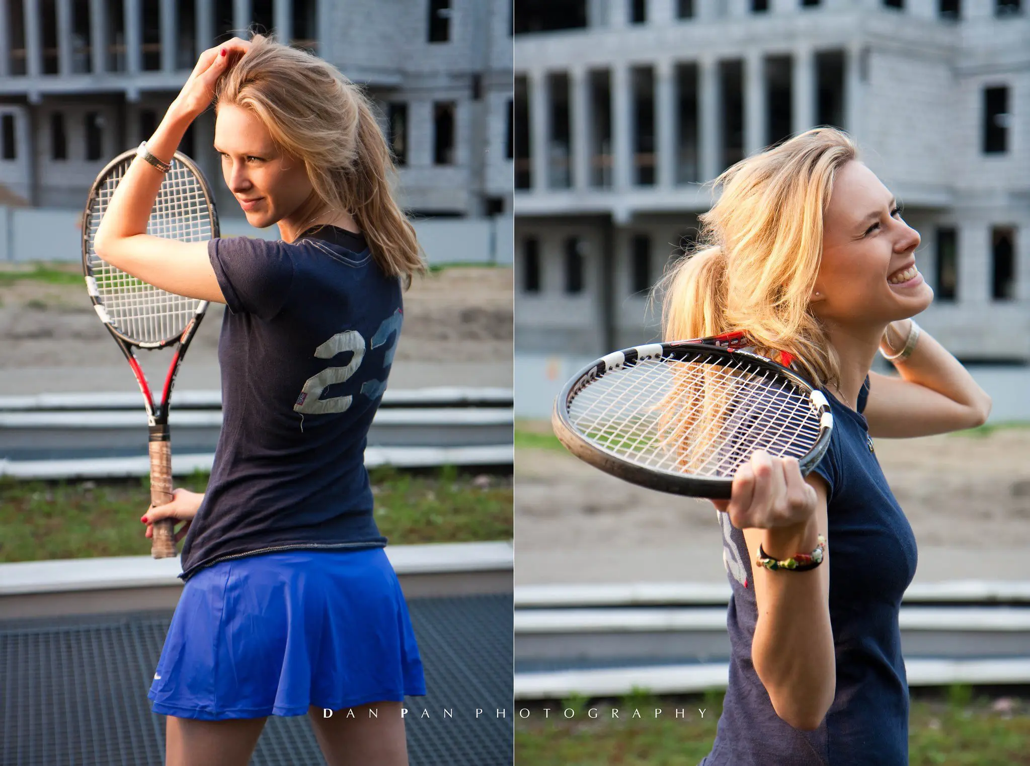 Near an unfinished building, a woman with adult braces smiles and holds a tennis racket; Emerald City Orthodontics in Kirkland, WA.