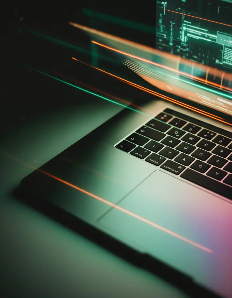 Laptop keyboard and code on screen, lit by colorful streaks, highlight Emerald City Orthodontics in Kirkland, WA innovating insurance.
