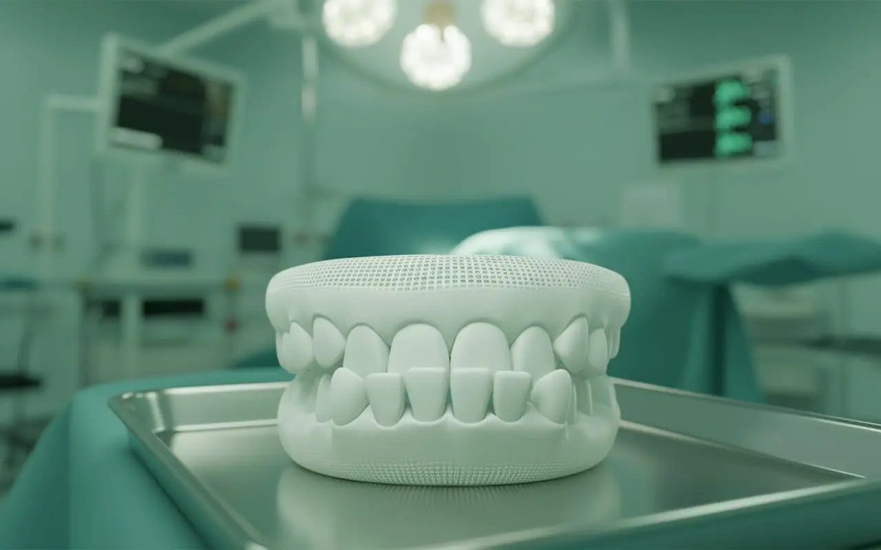 On a metal tray in a surgical room, a dental model with braces represents Emerald City Orthodontics in Kirkland, WA.