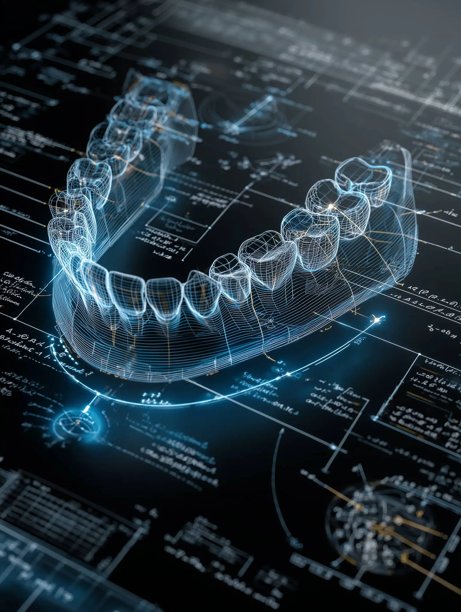 A digital wireframe of teeth and jaw, showing jaw surgery concepts, floats over scientific diagrams for Emerald City Orthodontics in Kirkland, WA.