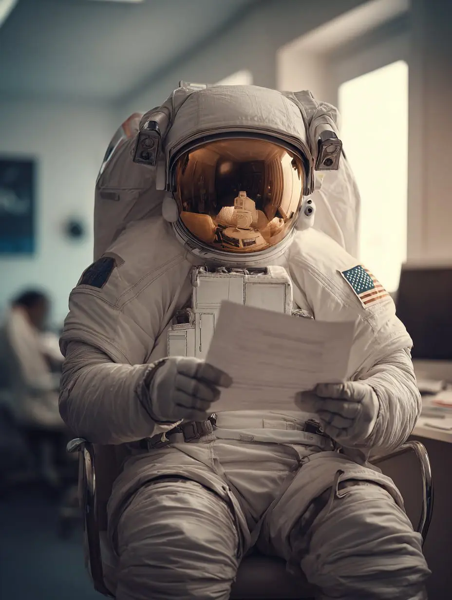 An astronaut reviews invisalign insurance documents at Emerald City Orthodontics in Kirkland, WA; office and staff in background.