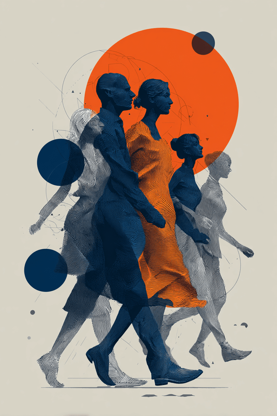 Five women walk in profile with blue shapes; one, highlighted in orange, shows confidence like choosing Emerald City Orthodontics' Invisalign Payment Plan in Kirkland, WA.