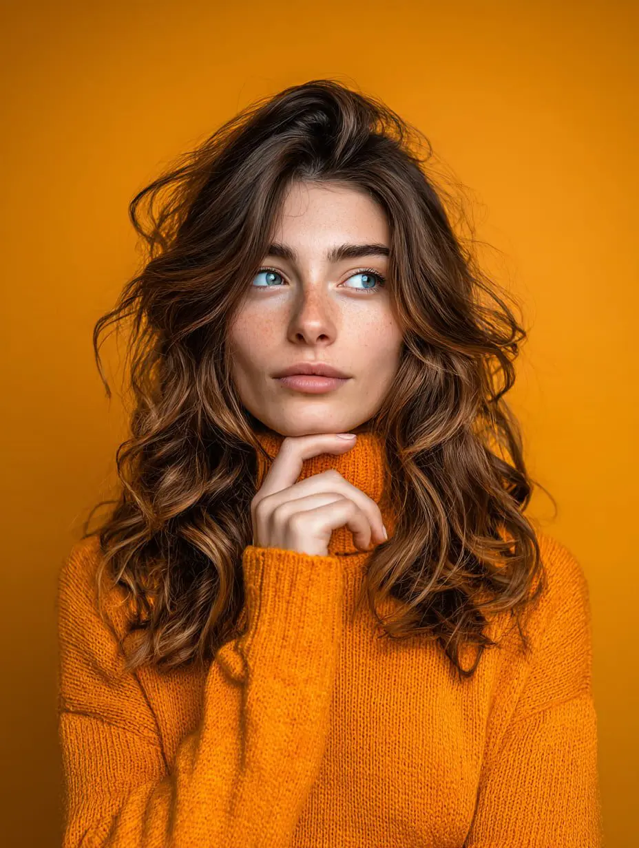 A woman in orange poses thoughtfully against an orange background, considering an Invisalign Payment Plan at Emerald City Orthodontics in Kirkland, WA.