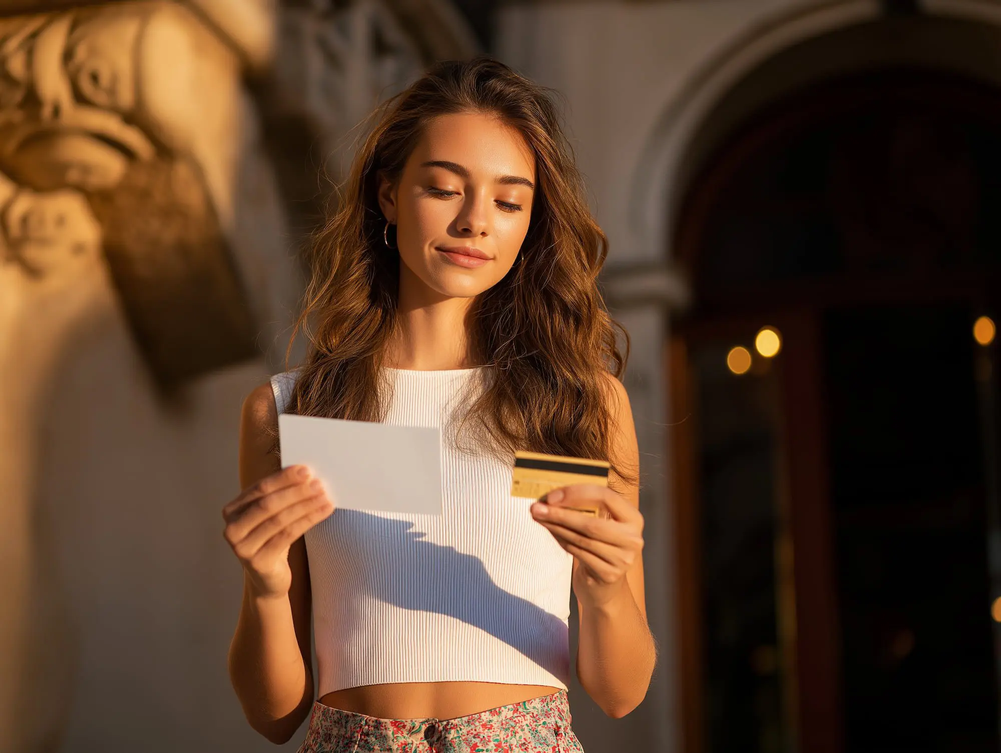 Outdoors in Kirkland, WA, a woman weighs card choices for a Braces Payment Plan at Emerald City Orthodontics.