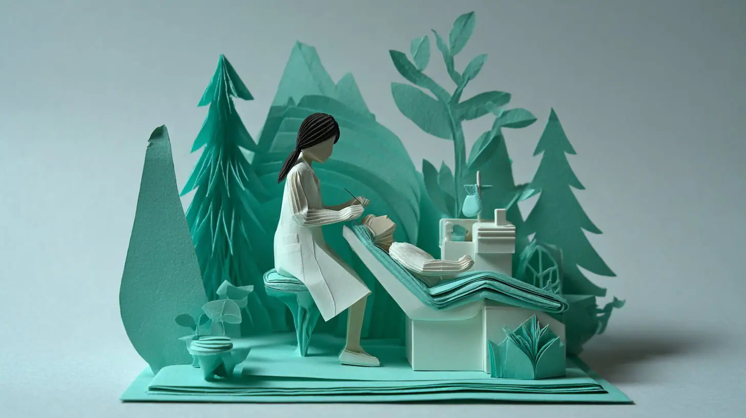 A paper art dentist addresses tongue thrust in a dental chair amid trees for Emerald City Orthodontics in Kirkland, WA.