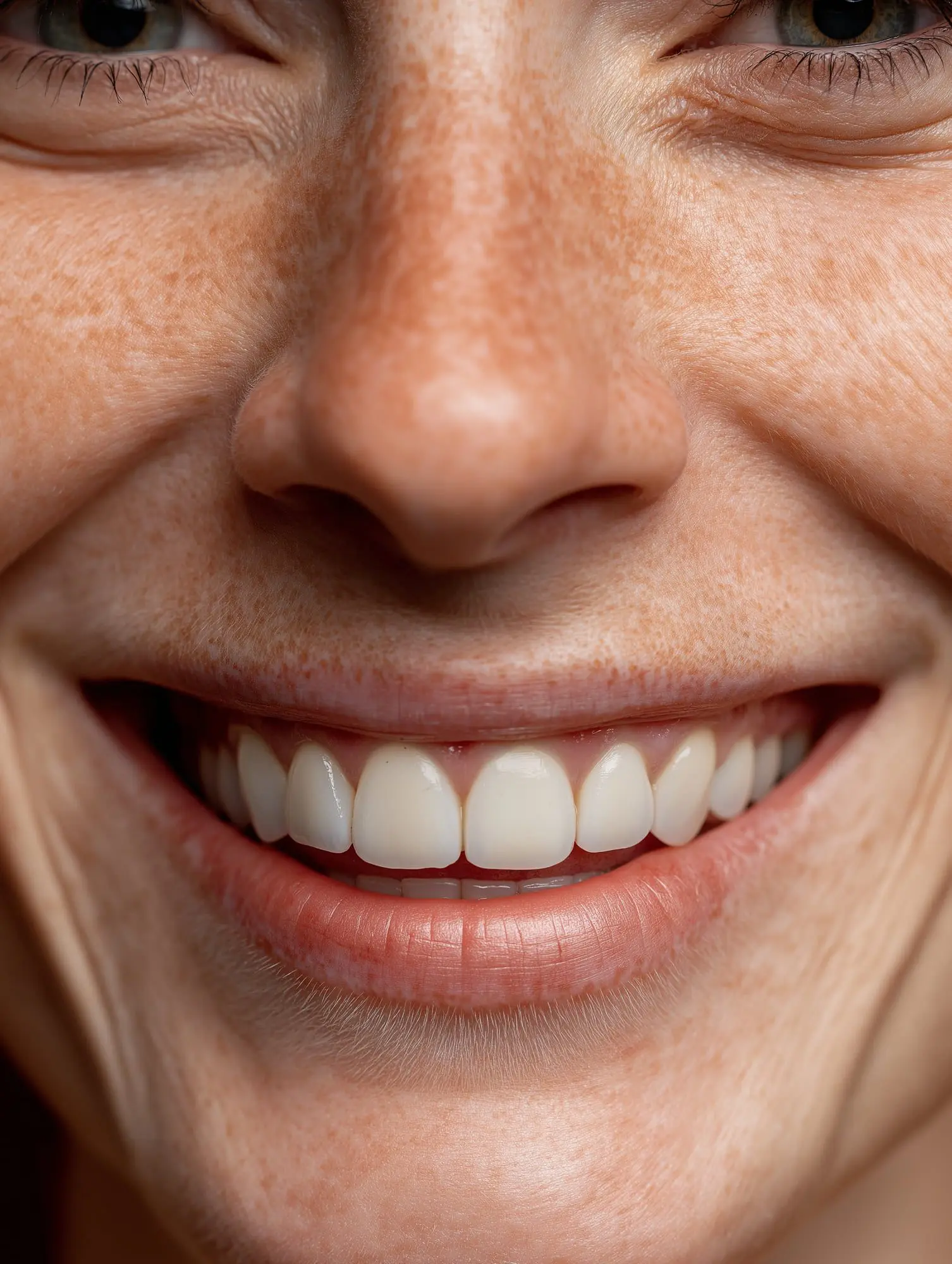 Wide smile with metal braces and freckles, featured by Emerald City Orthodontics in Kirkland, WA; close-up on mouth and nose.