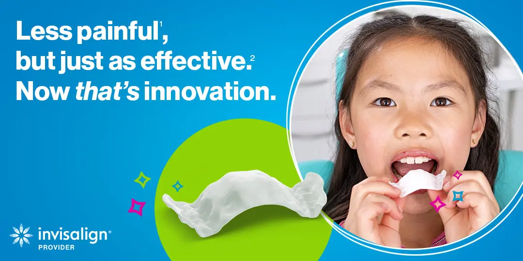 A young girl holds a clear aligner, with text noting Emerald City Orthodontics in Kirkland, WA offers gentle Invisalign Palatal Expanders.