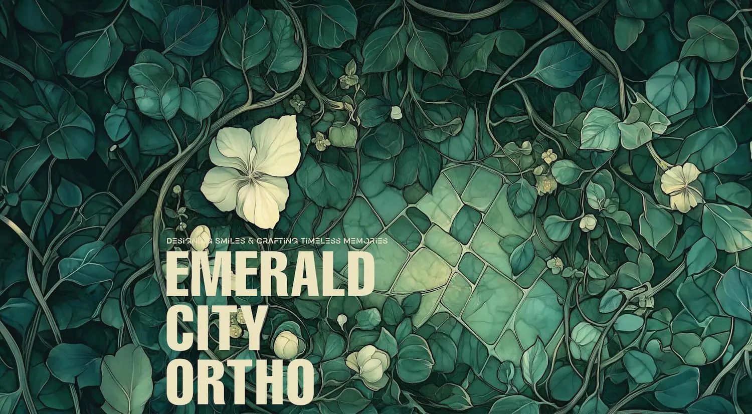 Green leaves and white flowers background with "Emerald City Orthodontics in Kirkland, WA" and "Orthodontists Near Me – Designing Smiles.