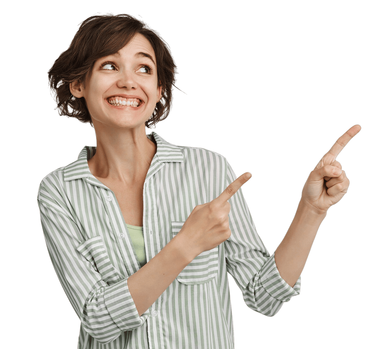 A woman points right, smiling in a green striped shirt on a white background, promoting Emerald City Orthodontics in Kirkland, WA for braces and Invisalign costs and insurance options.