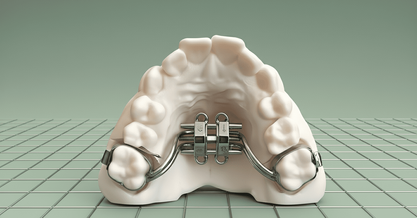 A dental mold with a Palatal Expander for teeth widening at Emerald City Orthodontics in Kirkland, WA, on a green background.